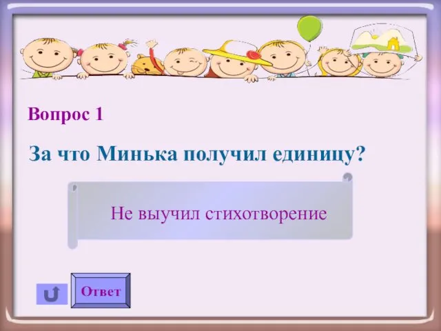 Вопрос 1 За что Минька получил единицу? Ответ Не выучил стихотворение