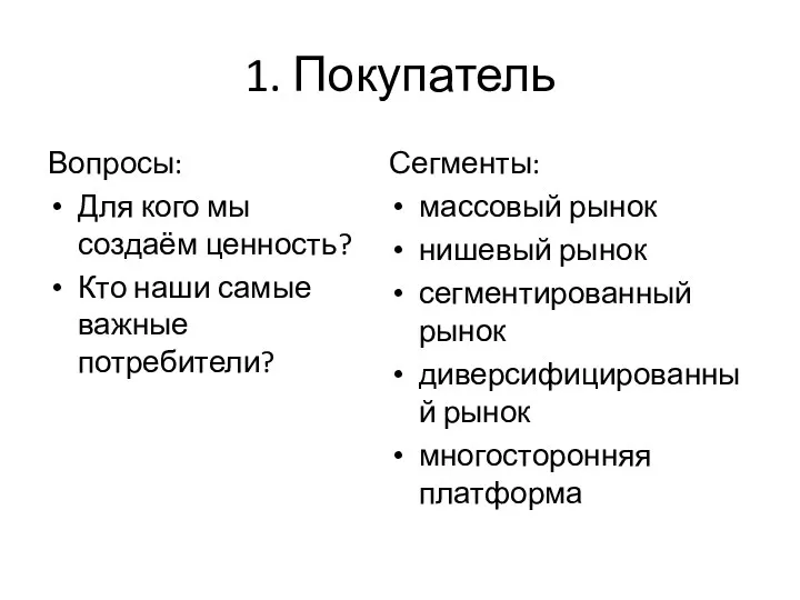 1. Покупатель Вопросы: Для кого мы создаём ценность? Кто наши самые важные потребители?