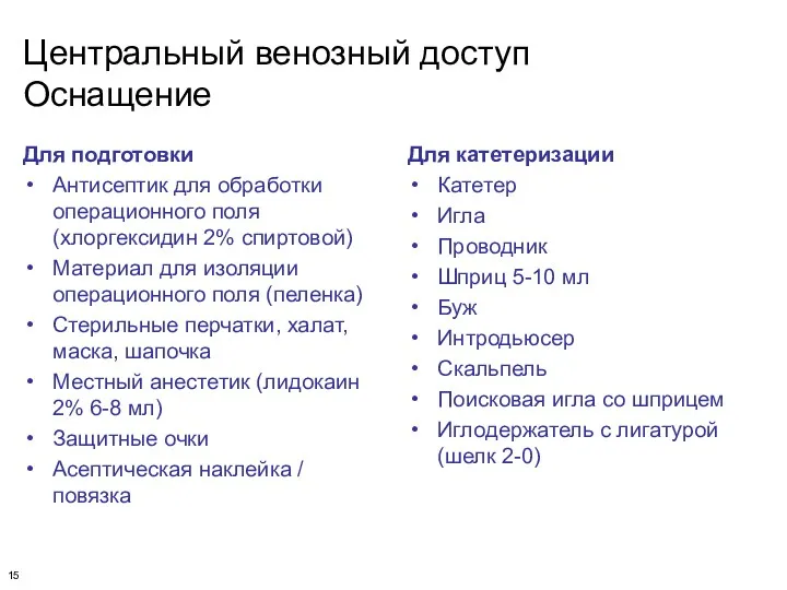 Центральный венозный доступ Оснащение Для подготовки Антисептик для обработки операционного