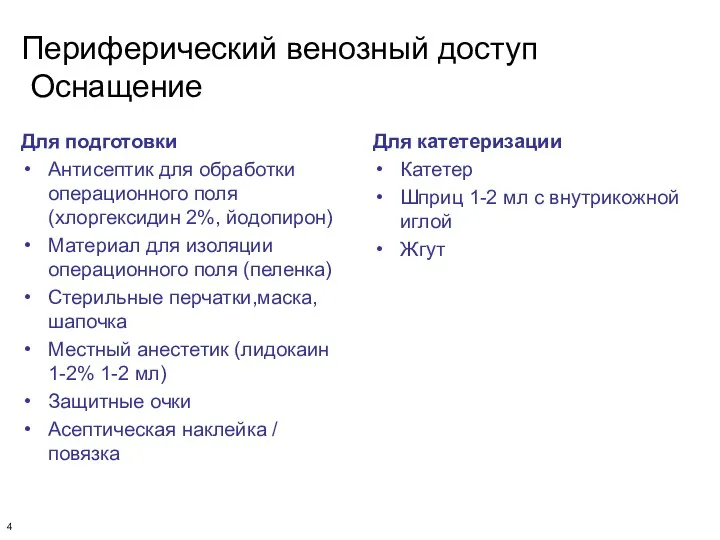 Периферический венозный доступ Оснащение Для подготовки Антисептик для обработки операционного