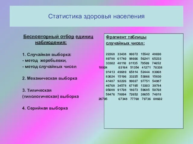 Статистика здоровья населения Бесповторный отбор единиц наблюдения: 1. Случайная выборка: