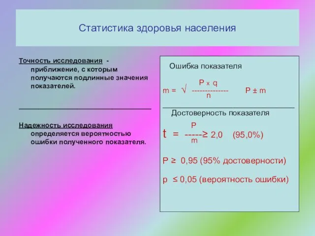 Статистика здоровья населения Точность исследования - приближение, с которым получаются