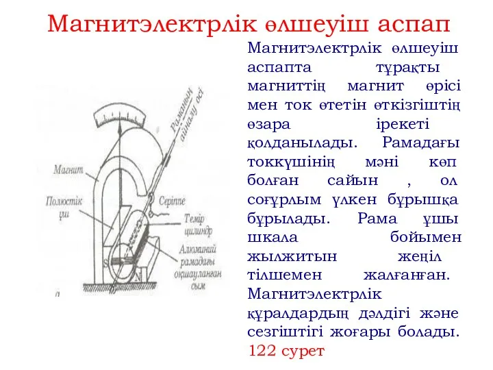 Магнитэлектрлік өлшеуіш аспап Магнитэлектрлік өлшеуіш аспапта тұрақты магниттің магнит өрісі