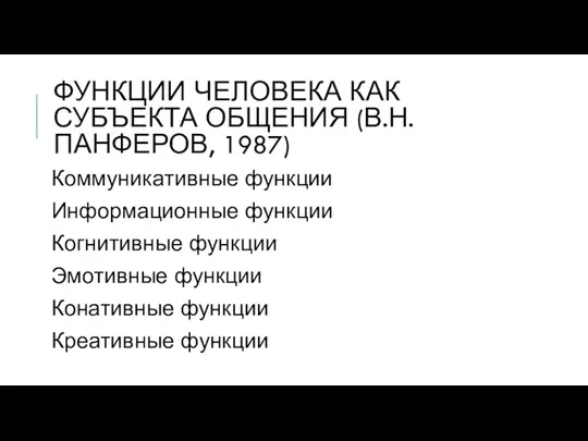 ФУНКЦИИ ЧЕЛОВЕКА КАК СУБЪЕКТА ОБЩЕНИЯ (В.Н. ПАНФЕРОВ, 1987) Коммуникативные функции Информационные функции Когнитивные