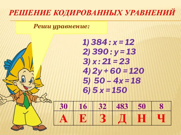 РЕШЕНИЕ КОДИРОВАННЫХ УРАВНЕНИЙ Реши уравнение: 1) 384 : х =