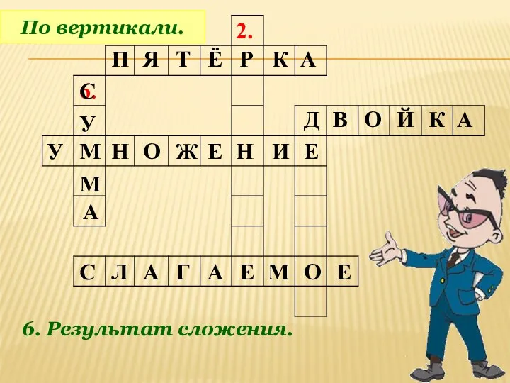 2. 6. По вертикали. 6. Результат сложения. П Я Т