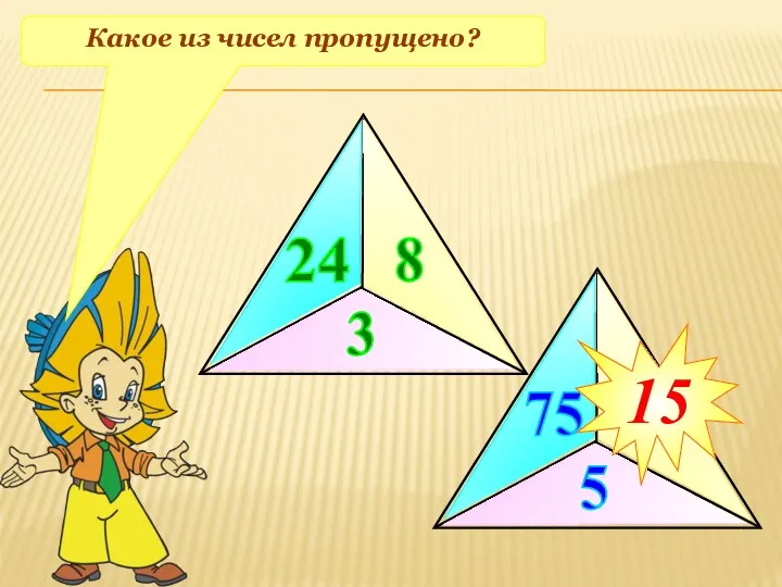 Какое из чисел пропущено? 24 8 3 75 5 ? 15