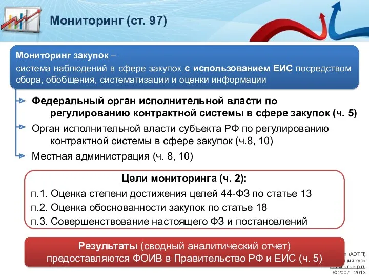 Мониторинг (ст. 97) Мониторинг закупок – система наблюдений в сфере