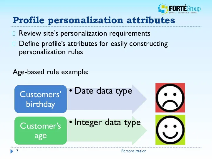Profile personalization attributes Personalization Review site’s personalization requirements Define profile’s