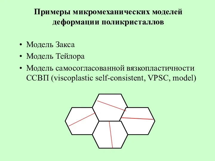 Примеры микромеханических моделей деформации поликристаллов Модель Закса Модель Тейлора Модель