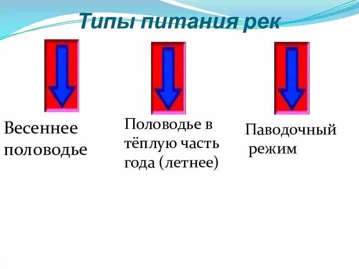 Типы питания рек Весеннее половодье Половодье в тёплую часть года (летнее) Паводочный режим