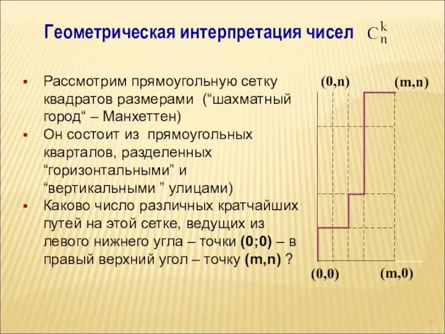 Геометрическая интерпретация чисел Рассмотрим прямоугольную сетку квадратов размерами (“шахматный город“