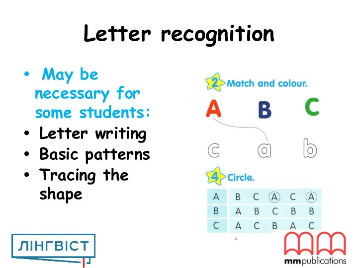 Letter recognition May be necessary for some students: Letter writing Basic patterns Tracing the shape