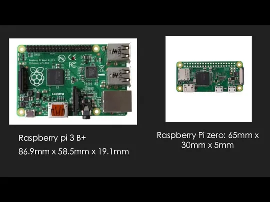 Raspberry pi 3 B+ 86.9mm x 58.5mm x 19.1mm Raspberry Pi zero: 65mm