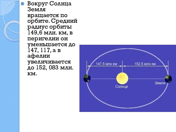 Вокруг Солнца Земля вращается по орбите. Средний радиус орбиты 149,6