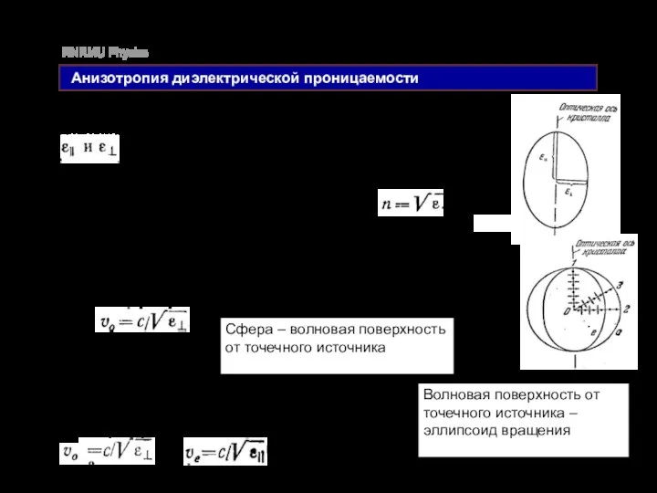 RNRMU Physics Анизотропия диэлектрической проницаемости Двойное лучепреломление – результат анизотропии диэлектрической проницаемости -