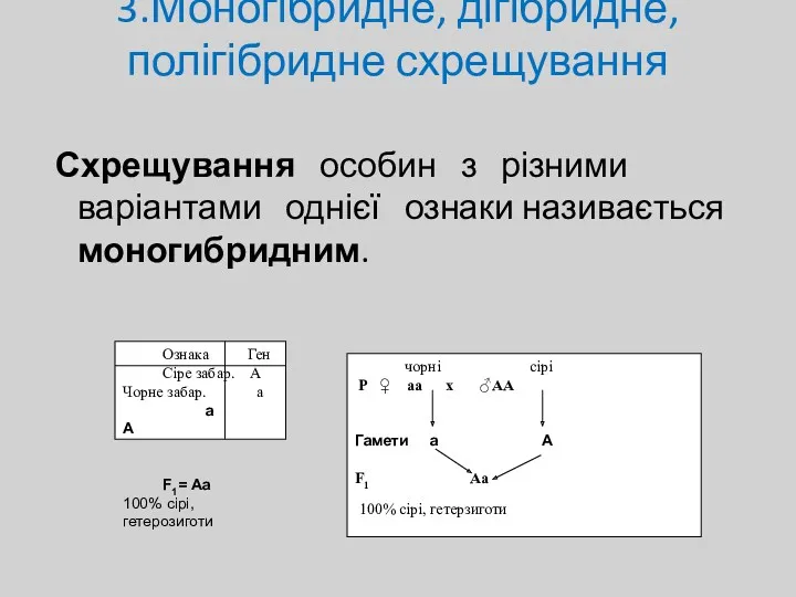 3.Моногібридне, дігібридне, полігібридне схрещування Схрещування особин з різними варіантами однієї ознаки називається моногибридним.