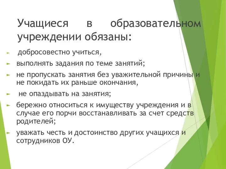 Учащиеся в образовательном учреждении обязаны: добросовестно учиться, выполнять задания по