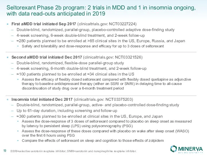 Seltorexant Phase 2b program: 2 trials in MDD and 1 in insomnia ongoing,