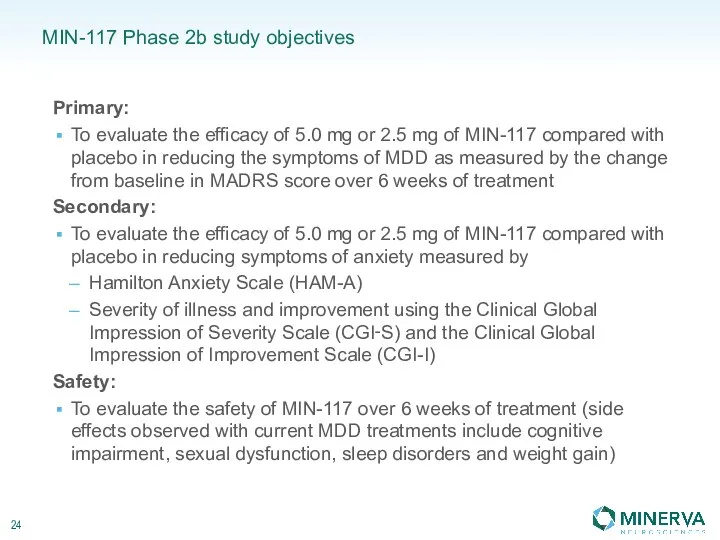 MIN-117 Phase 2b study objectives Primary: To evaluate the efficacy of 5.0 mg