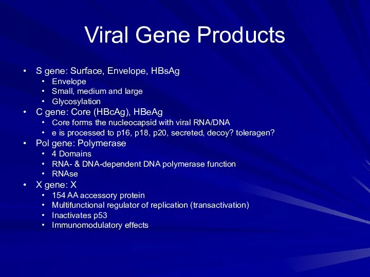 Viral Gene Products S gene: Surface, Envelope, HBsAg Envelope Small,