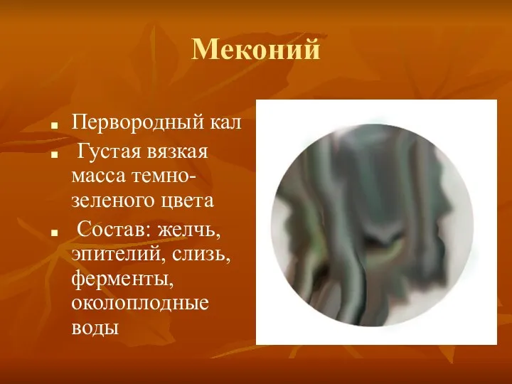 Меконий Первородный кал Густая вязкая масса темно-зеленого цвета Состав: желчь, эпителий, слизь, ферменты, околоплодные воды