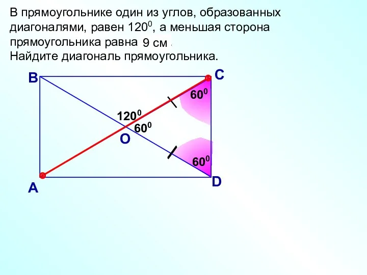 В прямоугольнике один из углов, образованных диагоналями, равен 1200, а