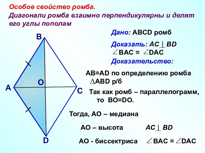 Особое свойство ромба. Диагонали ромба взаимно перпендикулярны и делят его