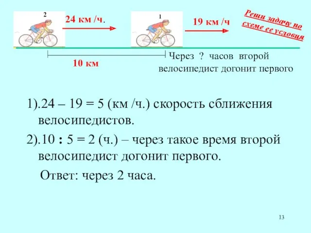 1).24 – 19 = 5 (км /ч.) скорость сближения велосипедистов.
