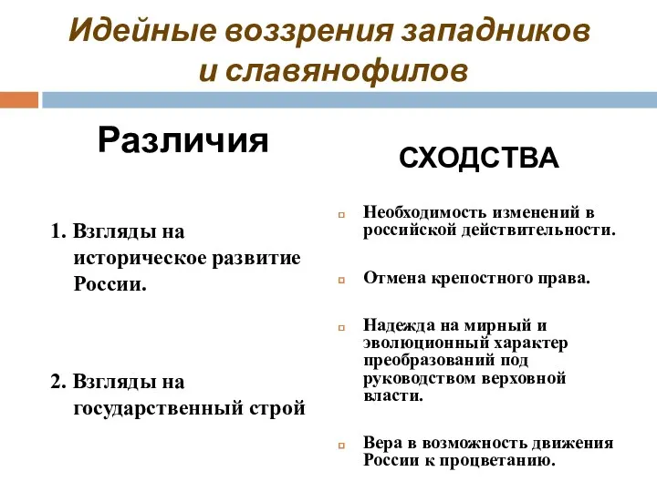 Идейные воззрения западников и славянофилов Различия 1. Взгляды на историческое