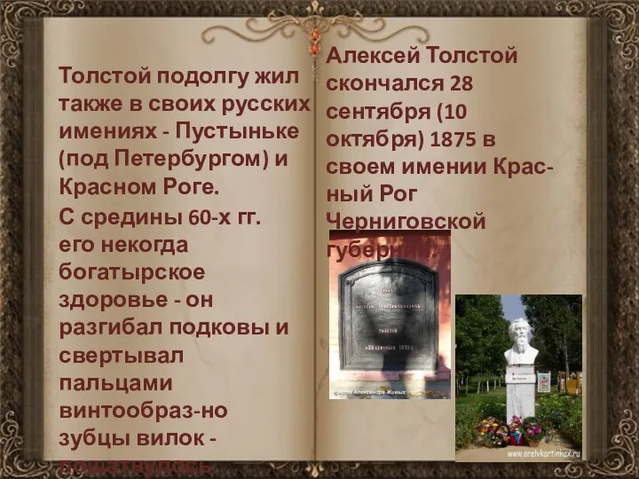 Толстой подолгу жил также в своих русских имениях - Пустыньке