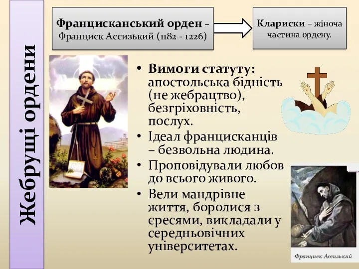 Жебрущі ордени Вимоги статуту: апостольська бідність (не жебрацтво), безгріховність, послух.