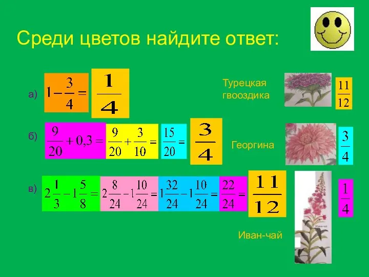 б) в) Среди цветов найдите ответ: а) Георгина Турецкая гвооздика Иван-чай