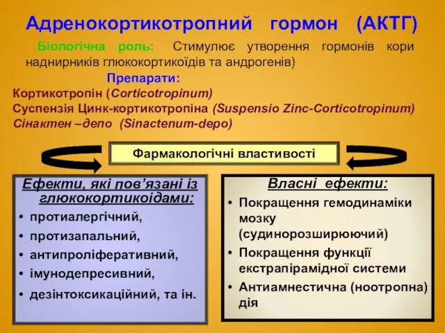 Адренокортикотропний гормон (АКТГ) Біологічна роль: Стимулює утворення гормонів кори наднирників