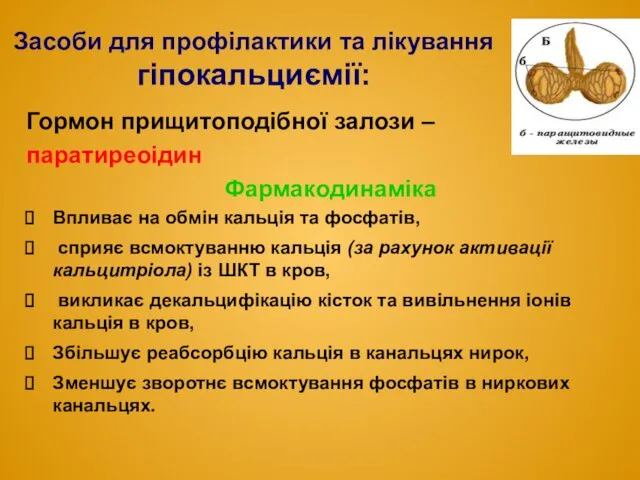 Гормон прищитоподібної залози – паратиреоідин Фармакодинаміка Впливає на обмін кальція