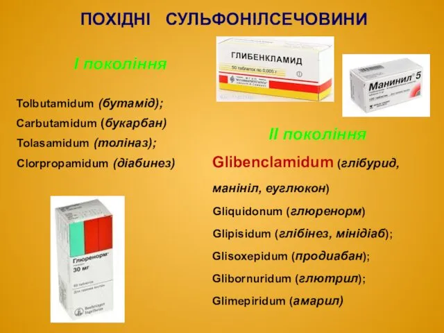 ПОХІДНІ СУЛЬФОНІЛСЕЧОВИНИ І покоління Tolbutamidum (бутамід); Carbutamidum (букарбан) Tolasamidum (толіназ);