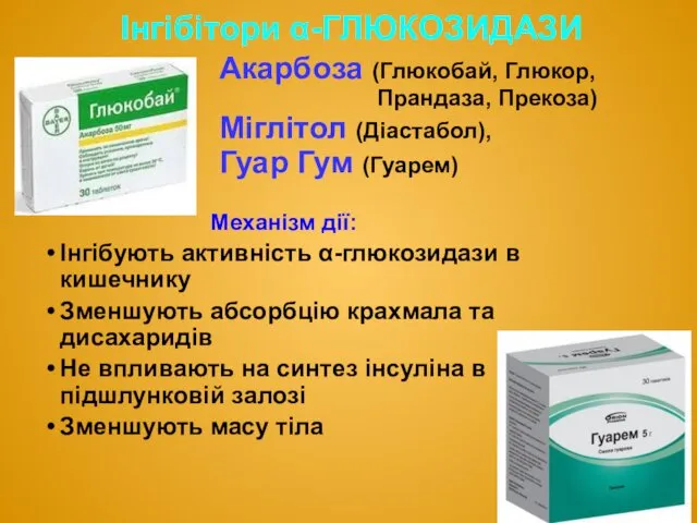 Інгібітори α-ГЛЮКОЗИДАЗИ Механізм дії: Інгібують активність α-глюкозидази в кишечнику Зменшують