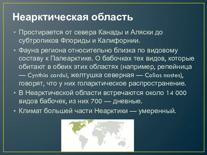 Неарктическая область Простирается от севера Канады и Аляски до субтропиков Флориды и Калифорнии.