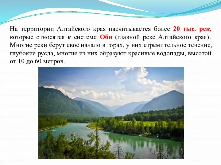 На территории Алтайского края насчитывается более 20 тыс. рек, которые относятся к системе