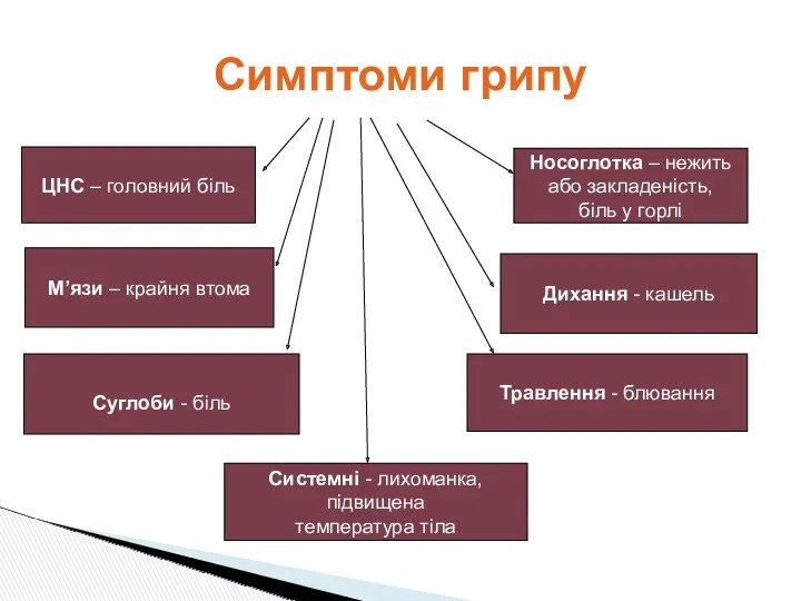 Симптоми грипу Травлення - блювання ЦНС – головний біль Суглоби