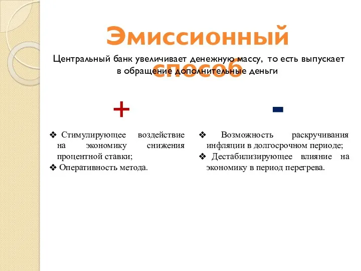 Эмиссионный способ Центральный банк увеличивает денежную массу, то есть выпускает