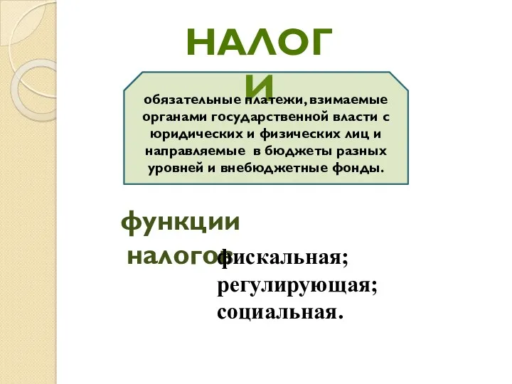 НАЛОГИ обязательные платежи, взимаемые органами государственной власти с юридических и