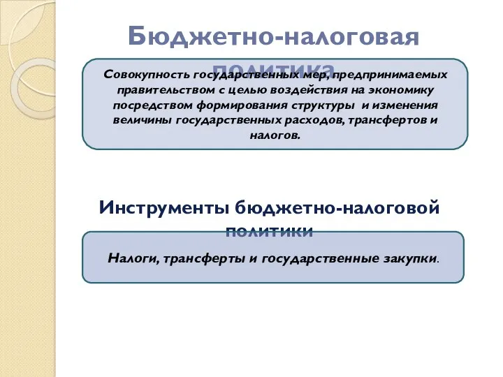 Бюджетно-налоговая политика Совокупность государственных мер, предпринимаемых правительством с целью воздействия