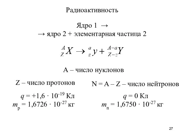 Радиоактивность Ядро 1 → → ядро 2 + элементарная частица