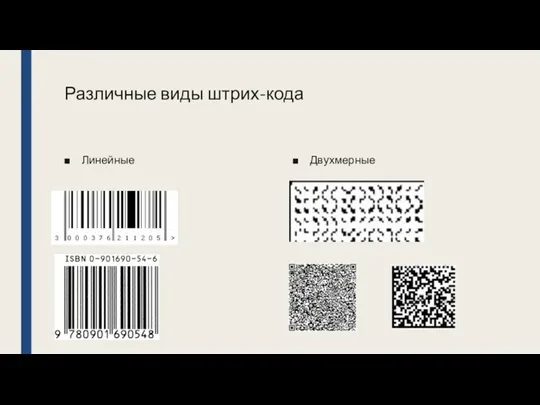 Различные виды штрих-кода Линейные Двухмерные