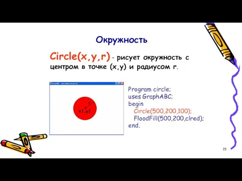 Circle(x,y,r) - рисует окружность с центром в точке (x,y) и