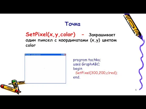 Точка SetPixel(x,y,color) - Закрашивает один пиксел с координатами (x,y) цветом