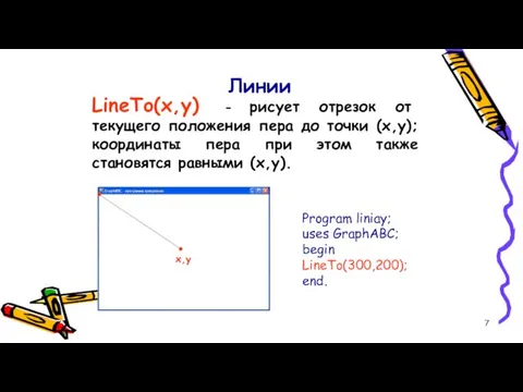 Линии LineTo(x,y) - рисует отрезок от текущего положения пера до