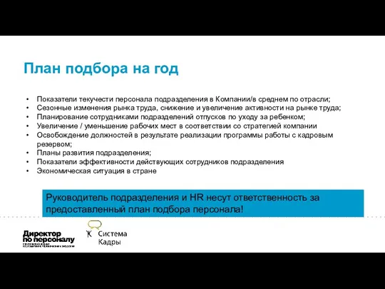 План подбора на год Показатели текучести персонала подразделения в Компании/в