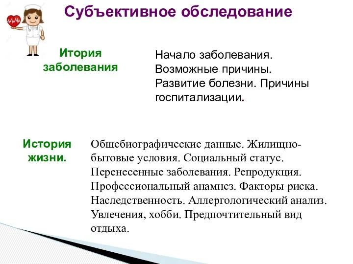 Субъективное обследование История жизни. Общебиографические данные. Жилищно-бытовые условия. Социальный статус.